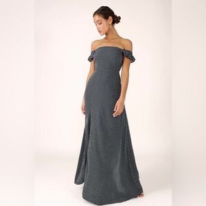 Lulus Dream Love Navy Blue Polka Dot Off-the-Shoulder Maxi Dress Size S Like New